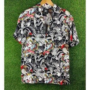 Ed Hardy Tattoo Camp Short Sleeve Shirt Men’s Medium Dragon Skull Hawaiian
